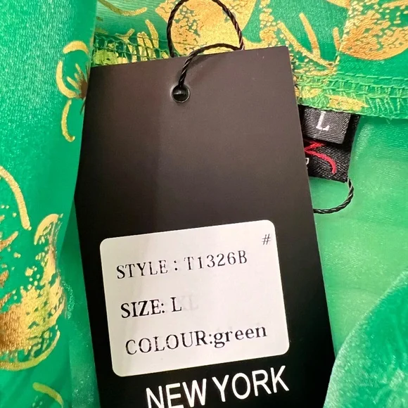 #A117 Nancy Sheer Luxe Green & Gold Organza Puff Sleeve Top NWT L - Picture 12 of 14